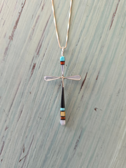 Zuni Turquoise Shell Silver Inlay Cross Pendant Necklace