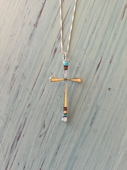 Zuni Turquoise Shell Silver Inlay Cross Pendant Necklace