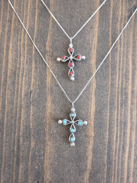 Zuni Coral & Turquoise Reversible Cross Pendant Necklace