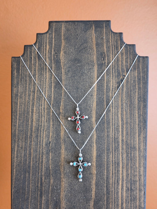 Zuni Coral & Turquoise Reversible Cross Pendant Necklace