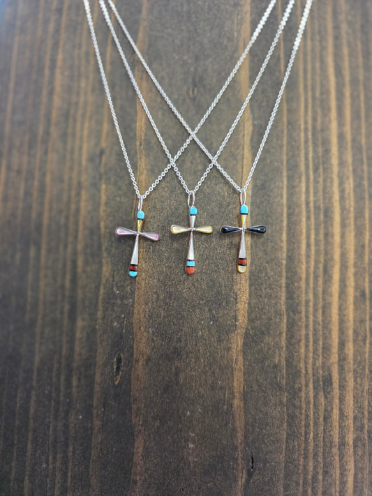 Zuni Petite Turquoise Shell Silver Inlay Cross Pendant Necklace