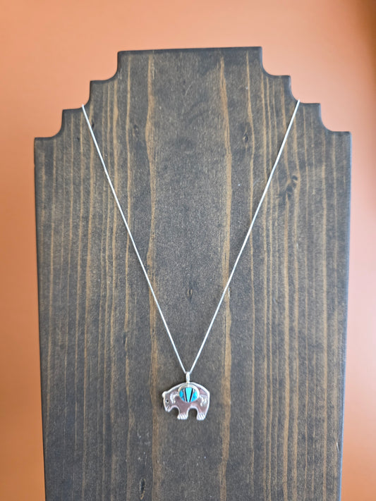 Navajo Stamped Sterling Turquoise Bear Pendant Necklace