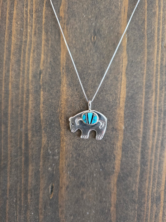 Navajo Stamped Sterling Turquoise Bear Pendant Necklace