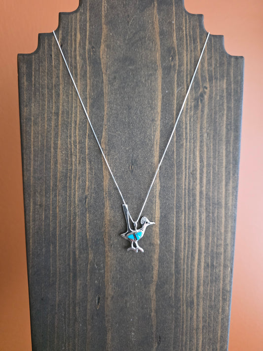 Navajo Stamped Sterling Turquoise Roadrunner Pendant Necklace