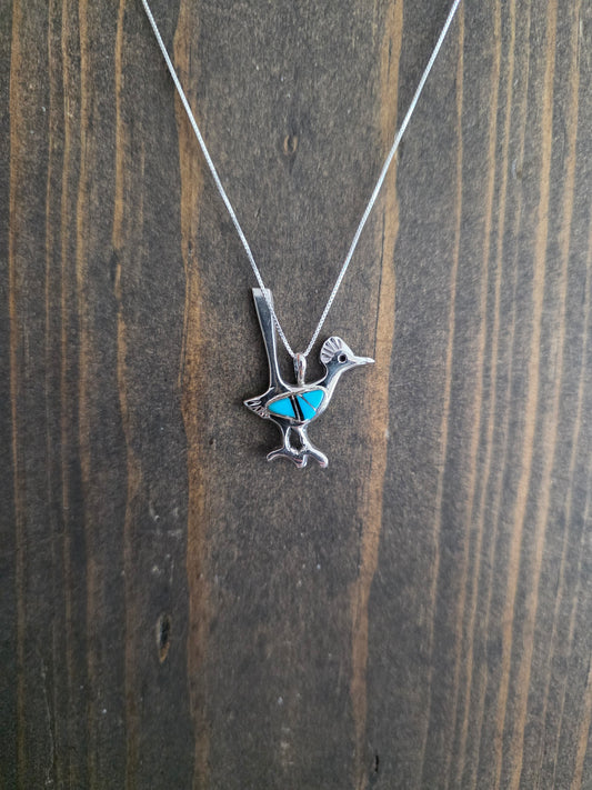 Navajo Stamped Sterling Turquoise Roadrunner Pendant Necklace