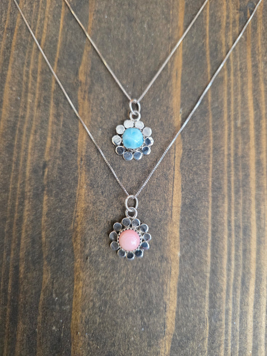 Sterling Sunflower and Stone Pendant Necklace