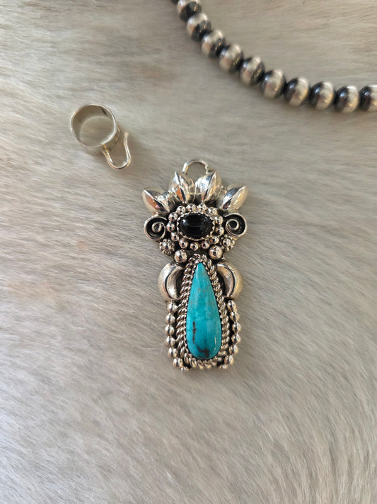 Navajo Sterling Silver, Kingman Turquoise, and Black Onyx Maiden Pendant with Detachable Bail