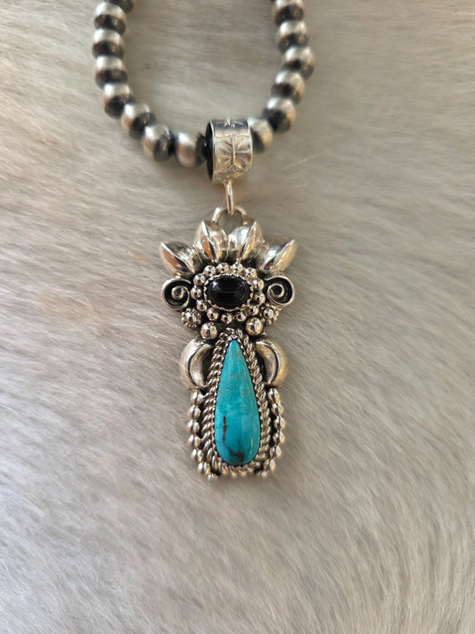 Navajo Sterling Silver, Kingman Turquoise, and Black Onyx Maiden Pendant with Detachable Bail