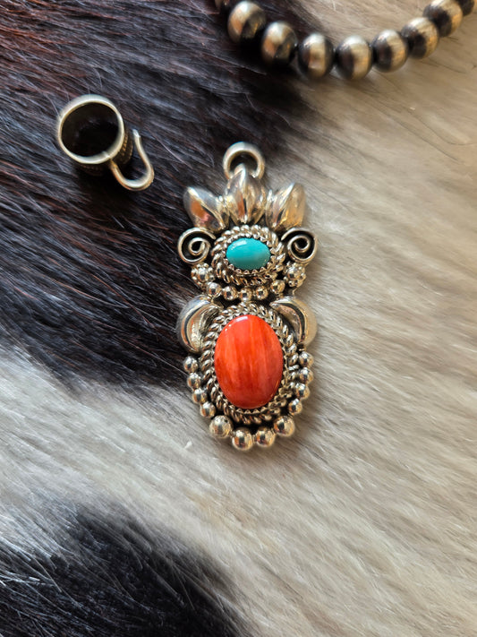 Navajo Sterling Silver, Turquoise, and Spiny Oyster Maiden Pendant with Detachable Bail