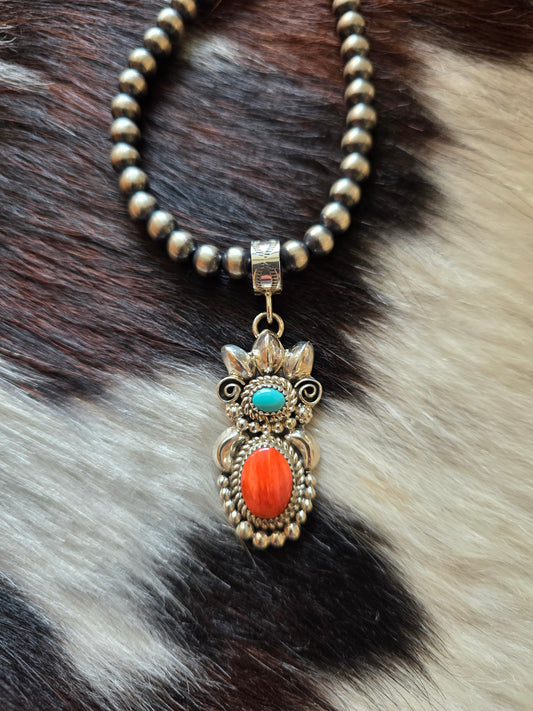 Navajo Sterling Silver, Turquoise, and Spiny Oyster Maiden Pendant with Detachable Bail