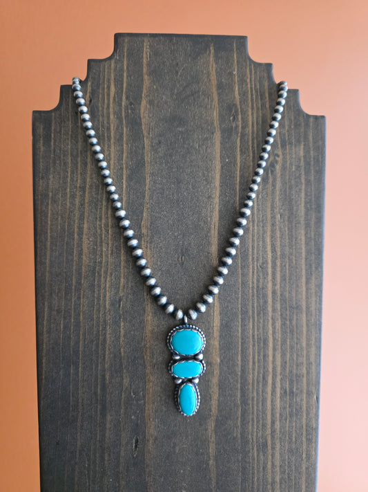 3-Stone Turquoise Graduated Bead Sterling Pendant Necklace