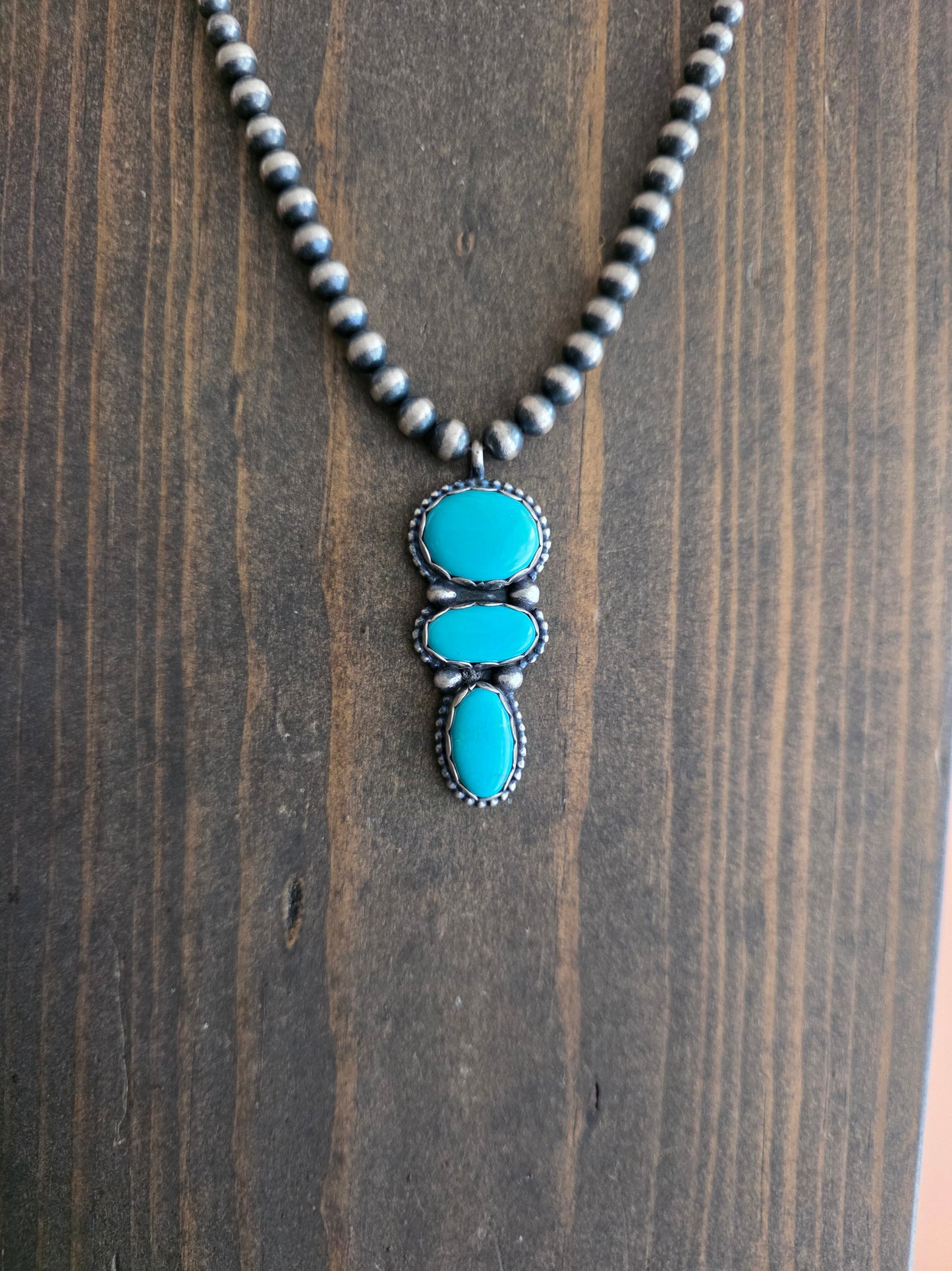 3-Stone Turquoise Graduated Bead Sterling Pendant Necklace