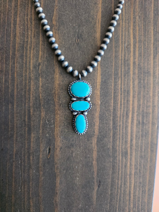 3-Stone Turquoise Graduated Bead Sterling Pendant Necklace