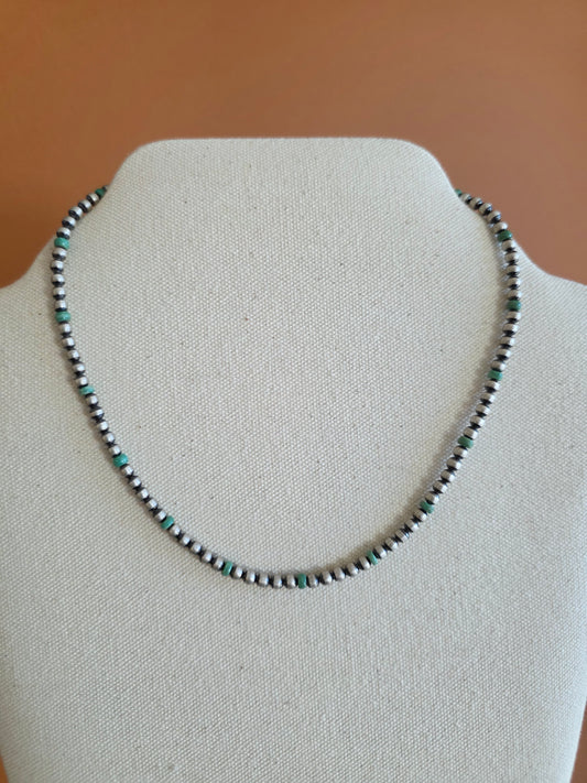 4mm Sterling Silver Bead Necklace with Turquoise Rondelle Accent