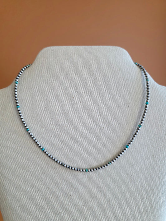 3mm Sterling Silver Bead Necklace with Turquoise Rondelle Accent