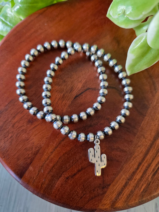 5mm Sterling Silver Cactus Charm Stretch Bracelet
