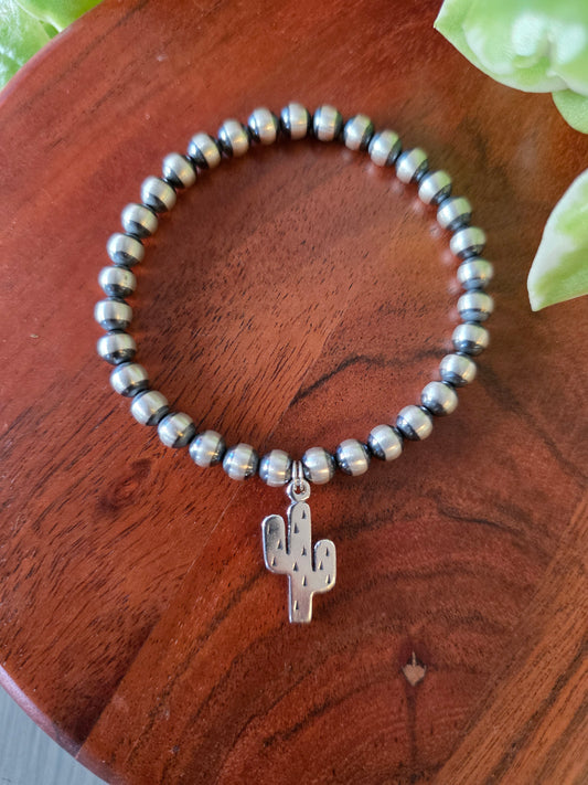5mm Sterling Silver Cactus Charm Stretch Bracelet