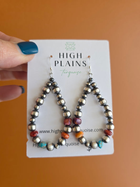 Large Teardrop Sterling Silver Beaded Earrings with Mixed Spiny and Turquoise Accent