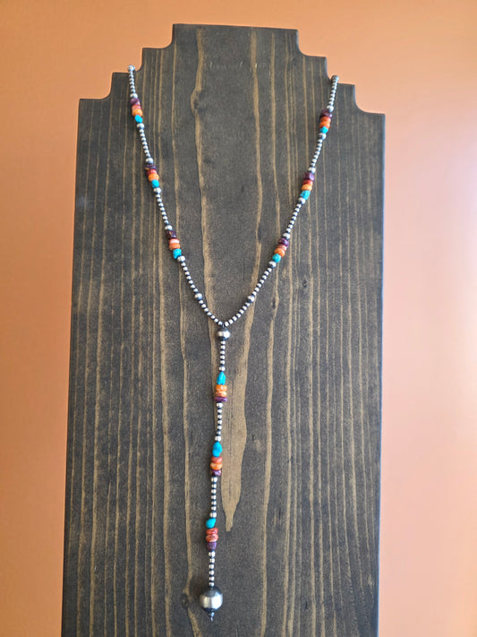 Multi Bead Sterling Silver, Kingman and Spiny Lariat