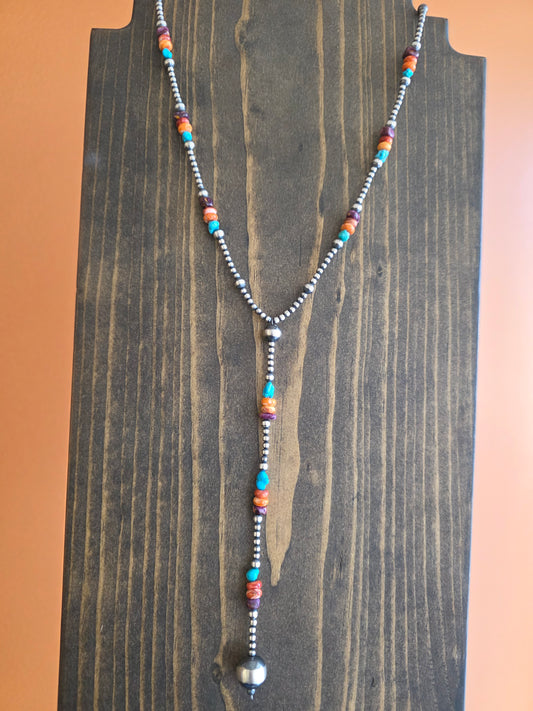 Multi Bead Sterling Silver, Kingman and Spiny Lariat