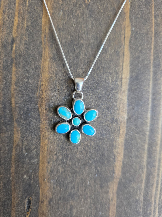 Kingman Turquoise Flower Pendant Necklace