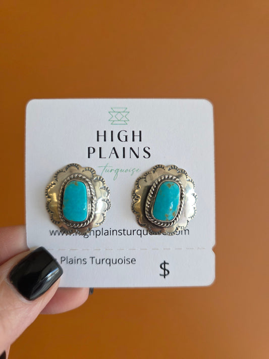 Scalloped Stamped Sterling Silver Concho Kingman Turquoise Earrings