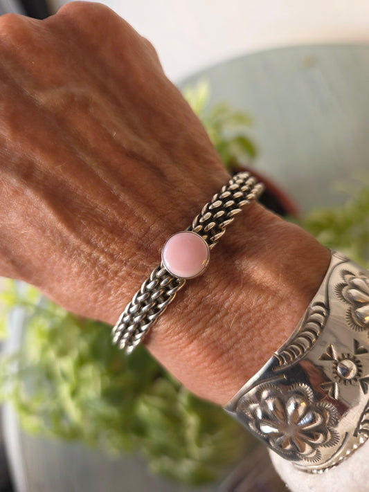 Navajo Sterling Silver Braided Band with Pink Conch Stone