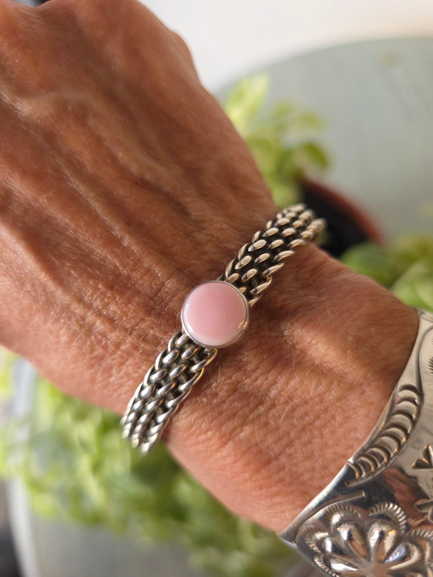 Navajo Sterling Silver Braided Band with Pink Conch Stone