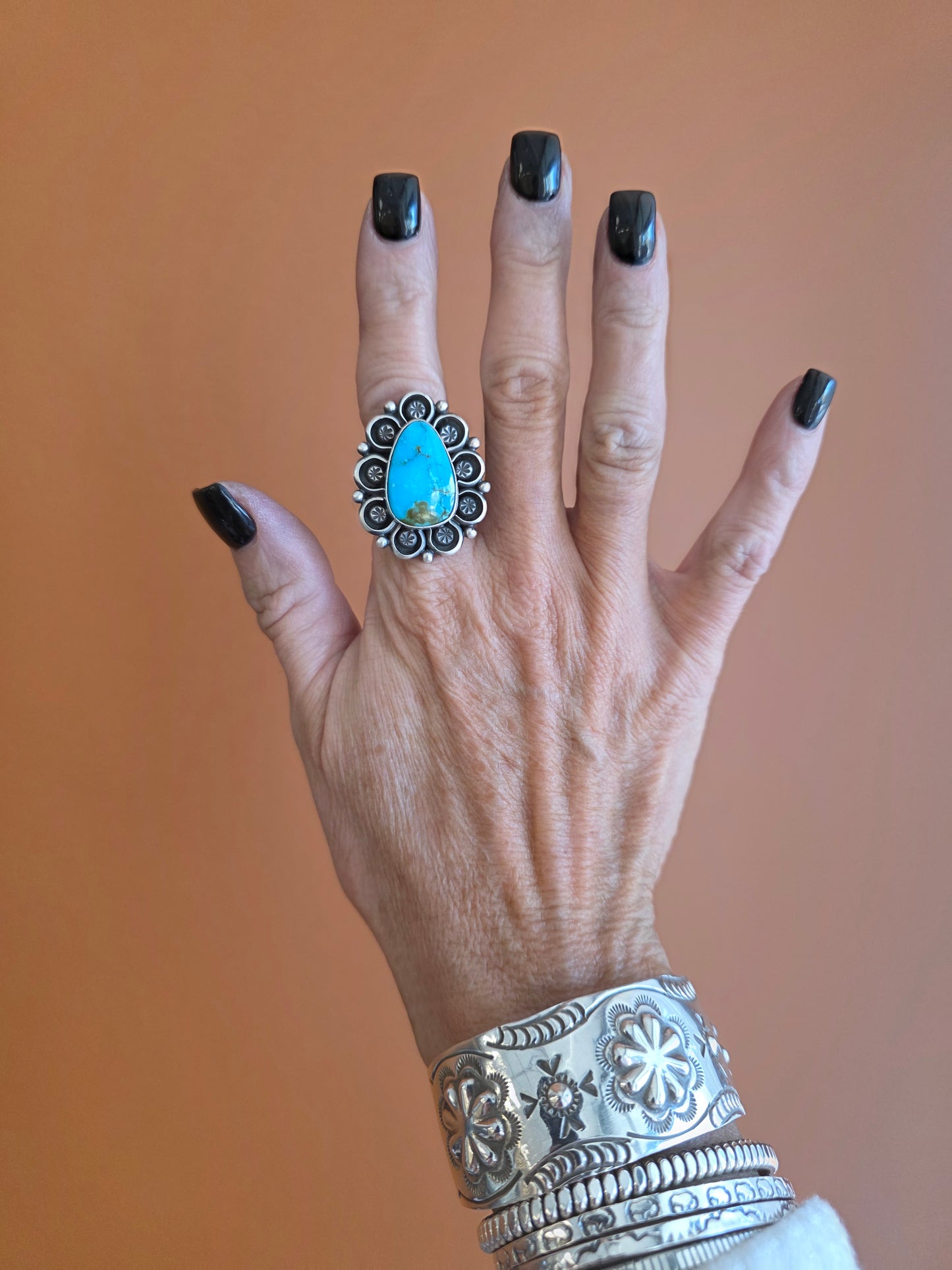 Benally Adjustable Kingman Turquoise Sterling Rosette Ring