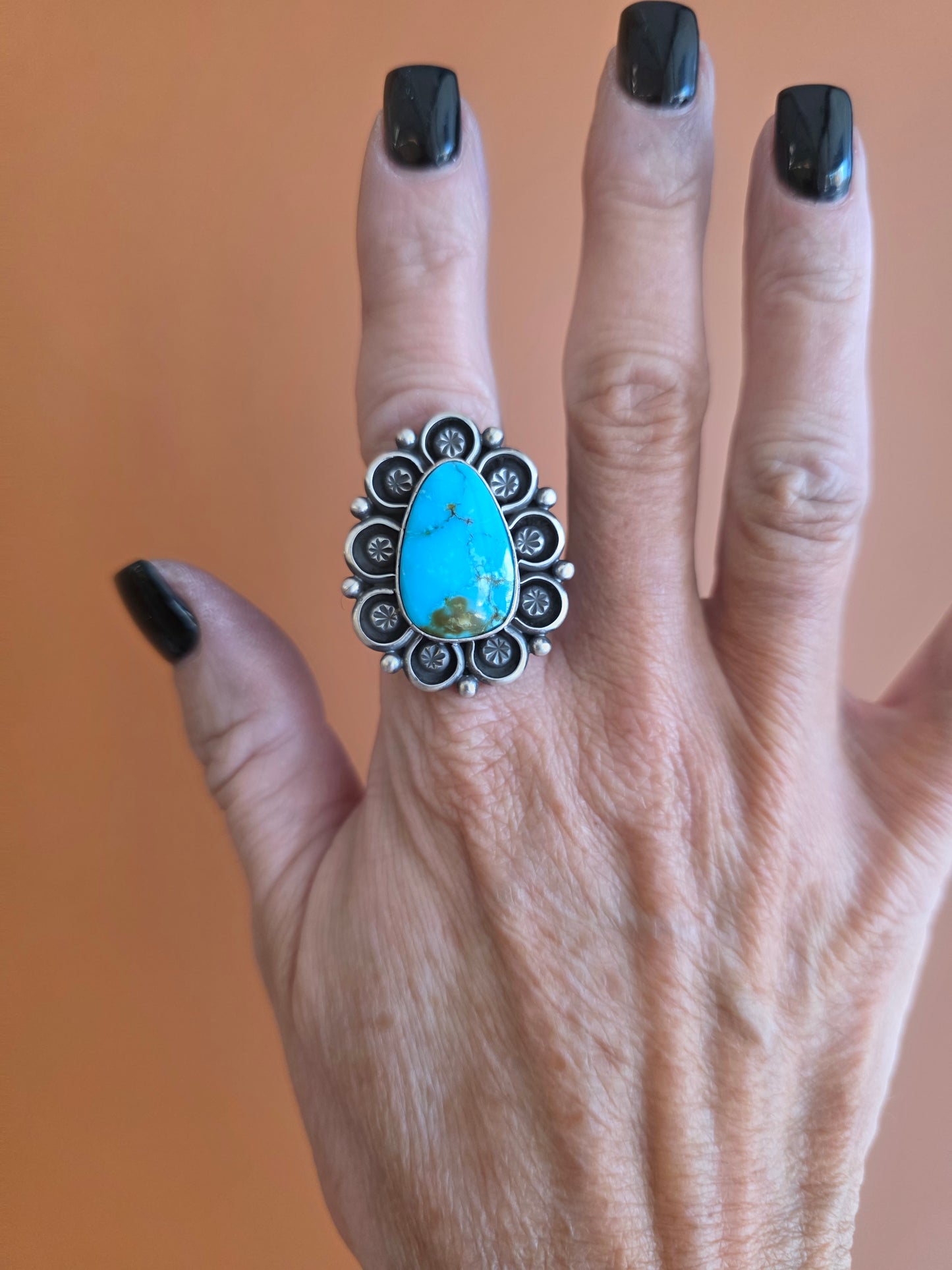 Benally Adjustable Kingman Turquoise Sterling Rosette Ring