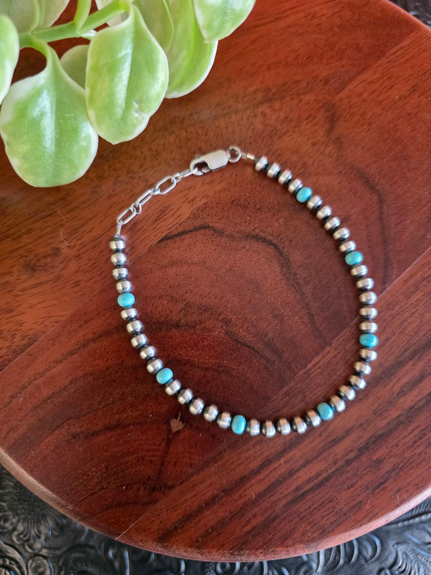 4mm Sterling Silver and Campitos Turquoise Beaded Bracelet