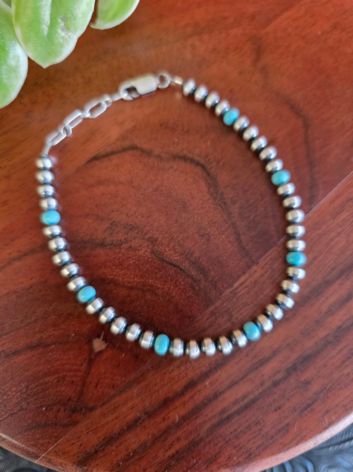 4mm Sterling Silver and Campitos Turquoise Beaded Bracelet