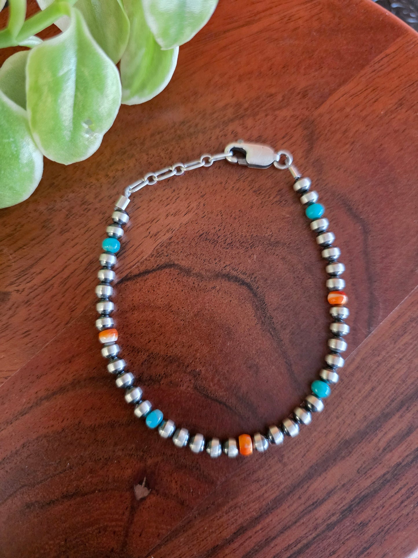 4mm Sterling Silver, Turquoise, and Spiny Oyster Beaded Bracelet