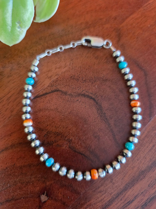 4mm Sterling Silver, Turquoise, and Spiny Oyster Beaded Bracelet
