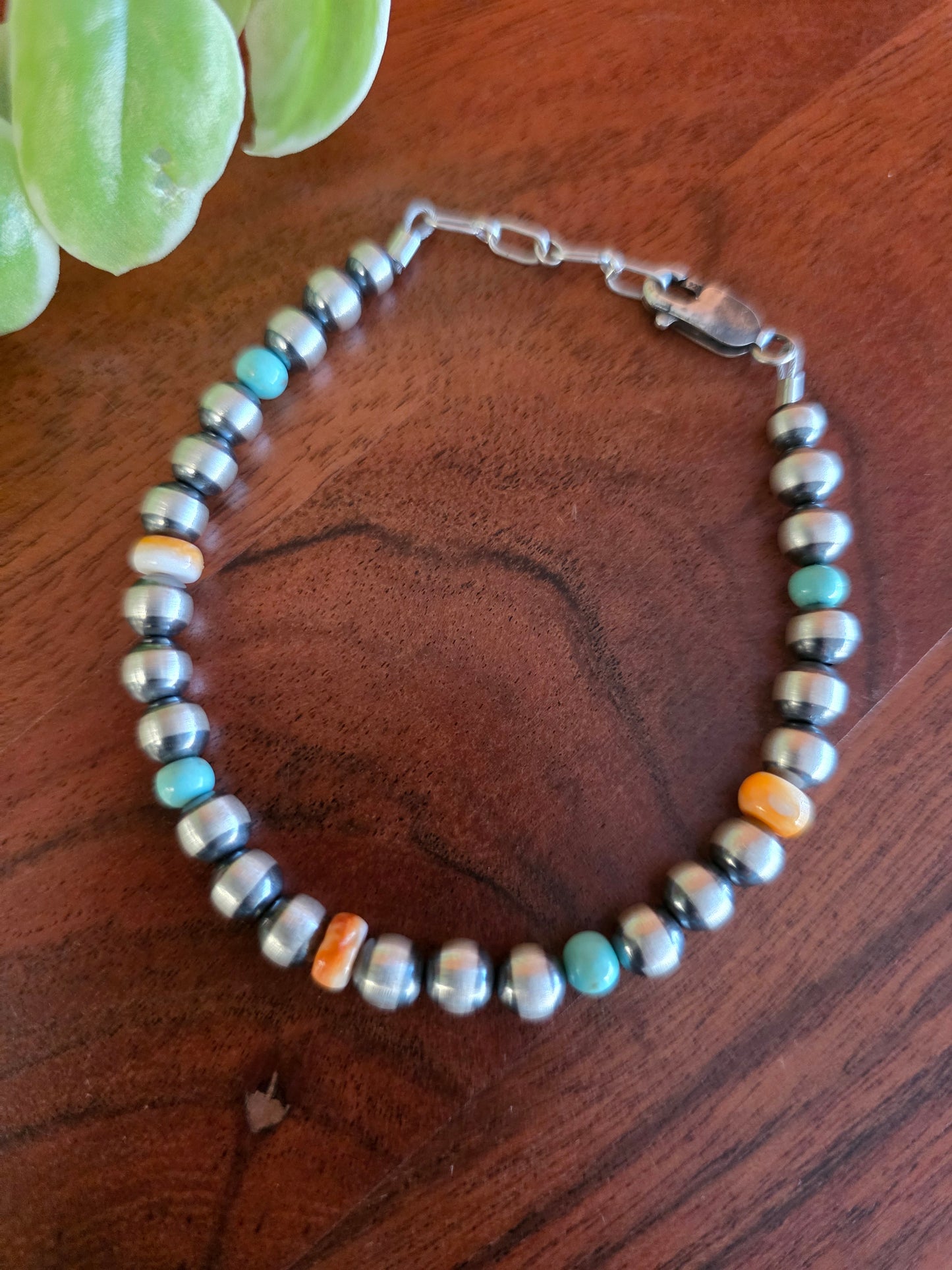 5mm Sterling Silver, Campitos Turquoise, and Spiny Oyster Beaded Bracelet