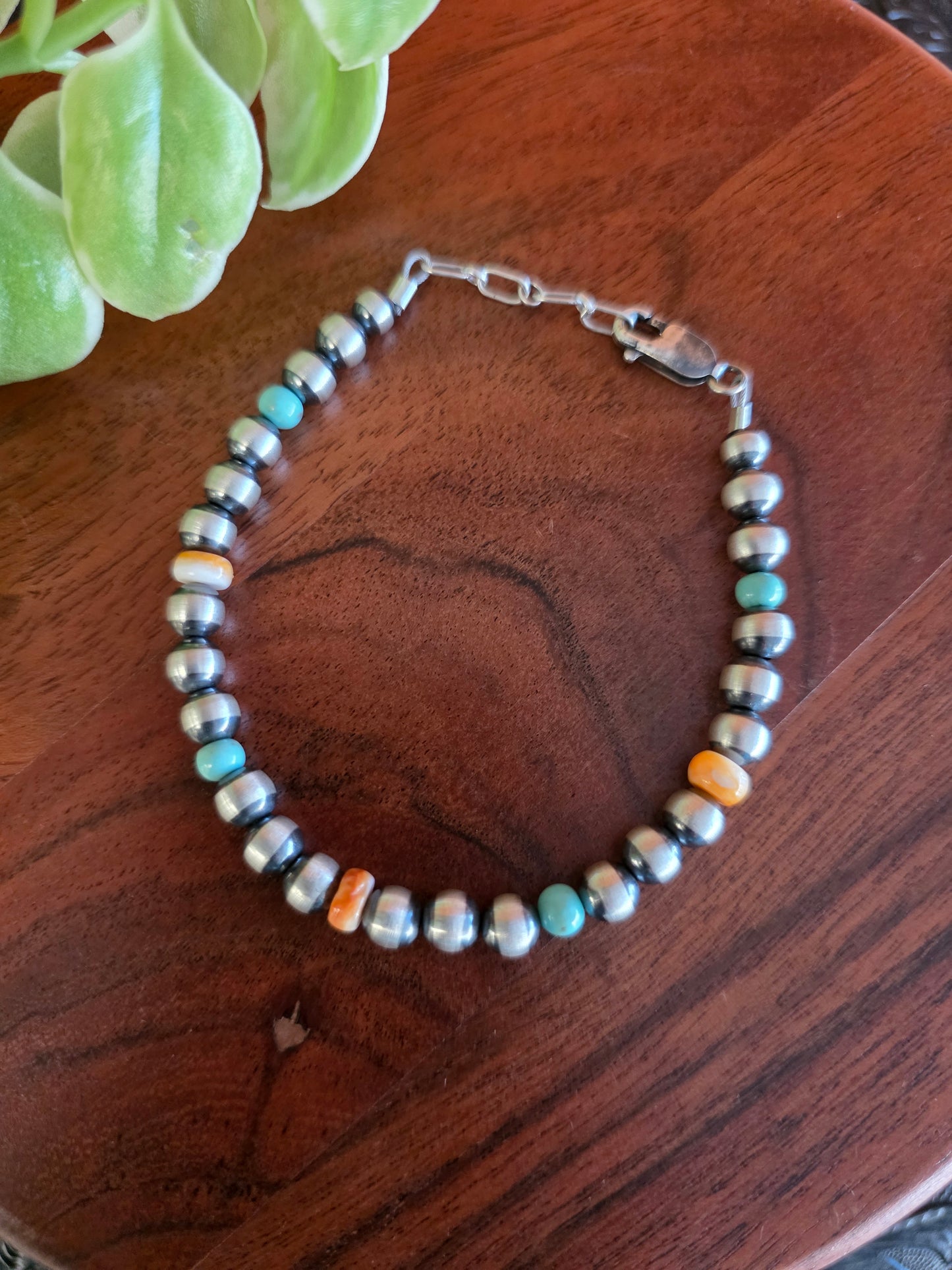 5mm Sterling Silver, Campitos Turquoise, and Spiny Oyster Beaded Bracelet