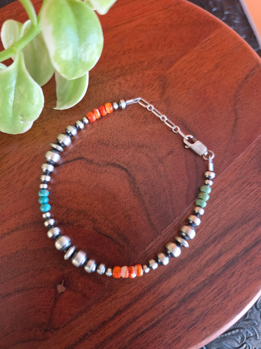 Mixed Bead Sterling Silver, Turquoise, and Spiny Oyster Bracelet