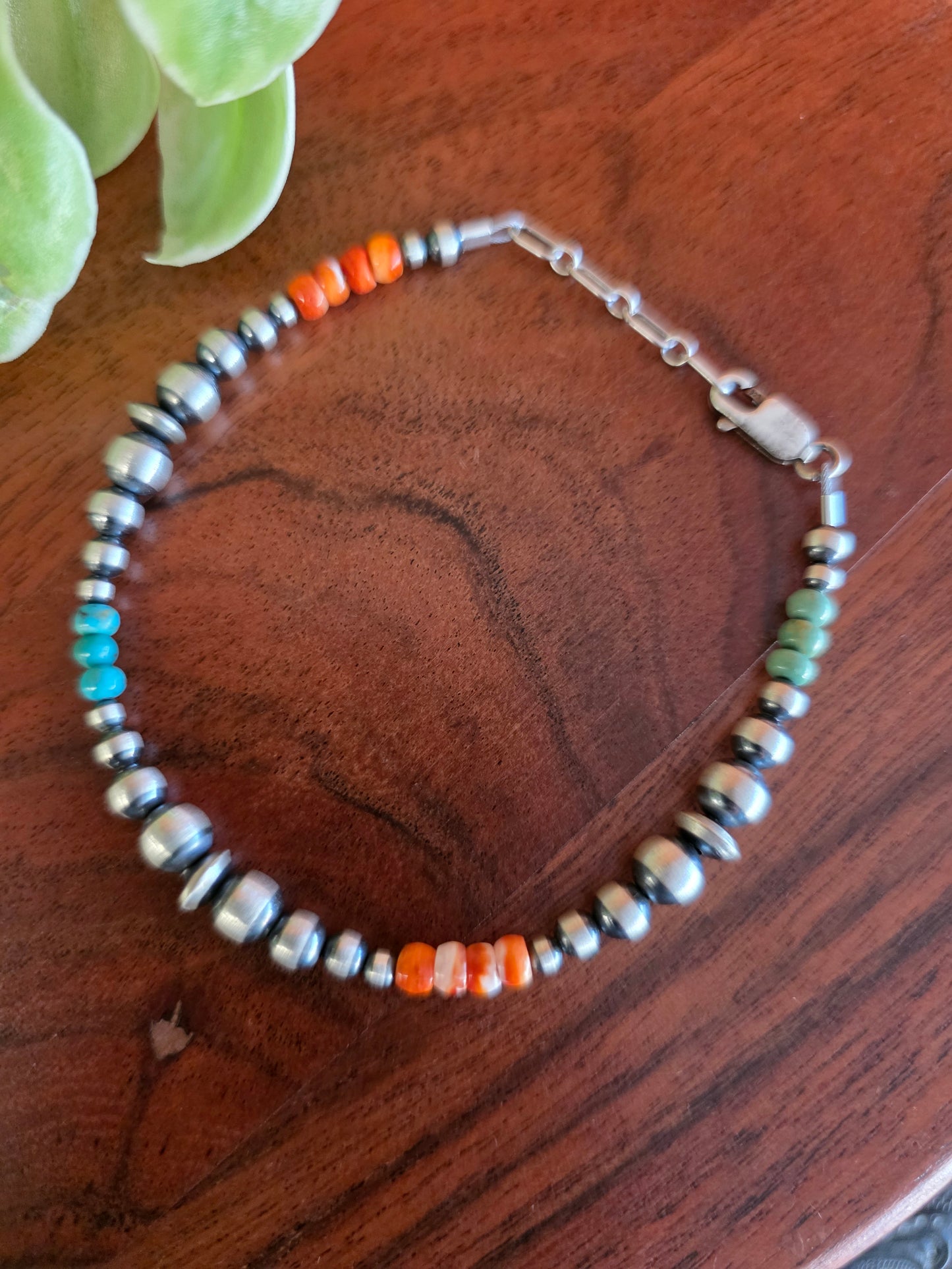 Mixed Bead Sterling Silver, Turquoise, and Spiny Oyster Bracelet