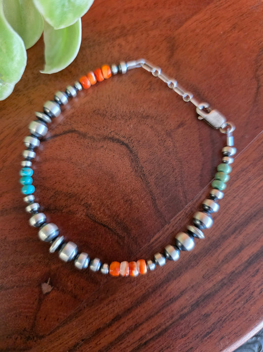 Mixed Bead Sterling Silver, Turquoise, and Spiny Oyster Bracelet