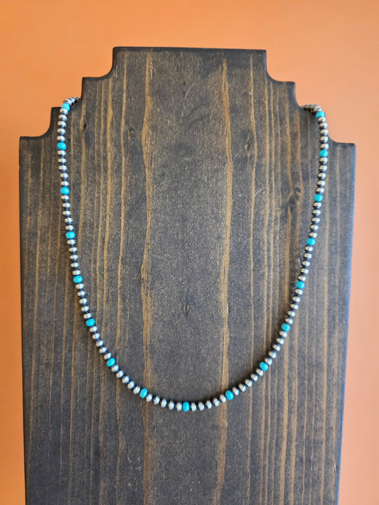 4mm Sterling Silver and Campitos Turquoise Beaded Necklace