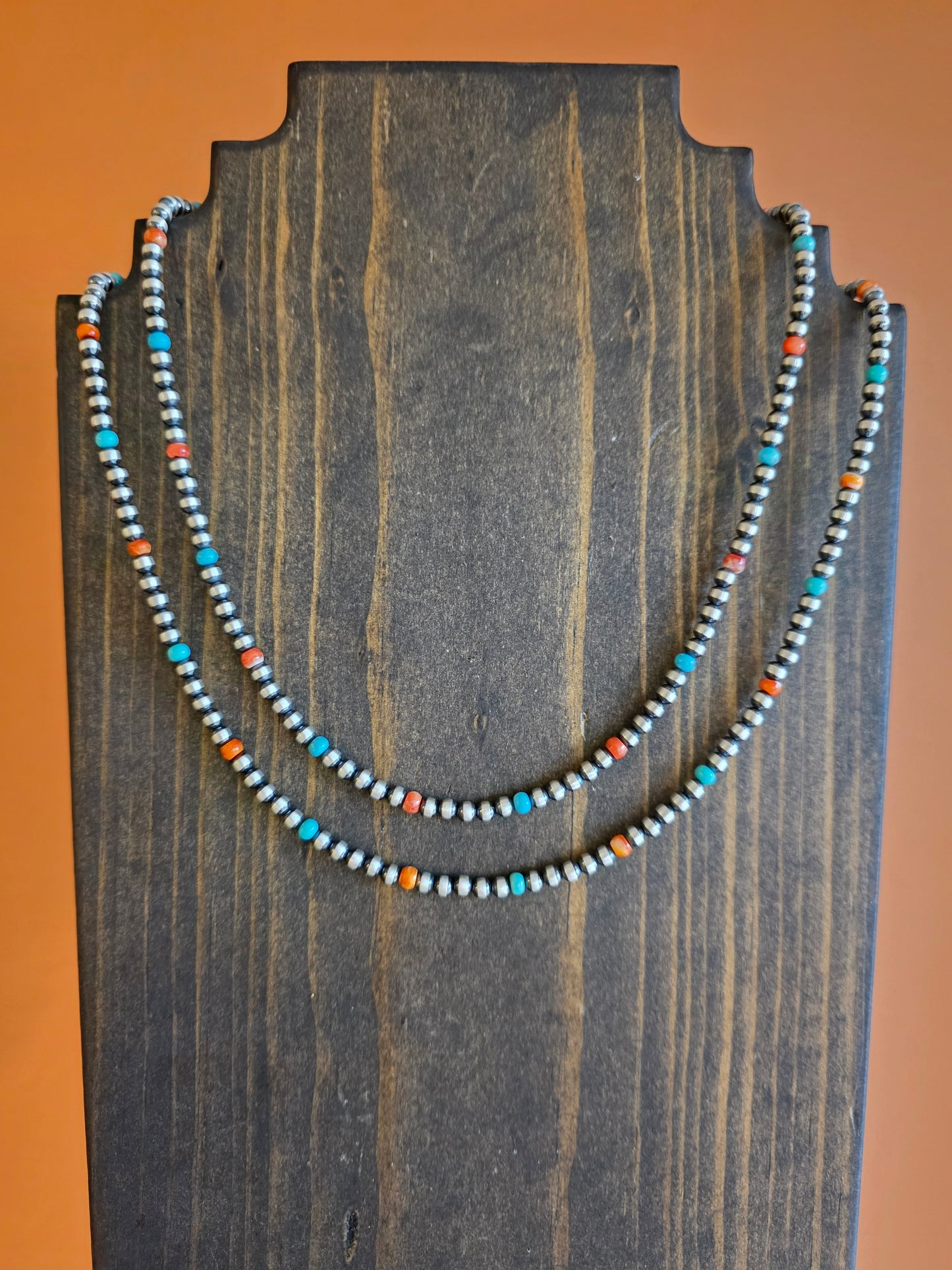 4mm Sterling Silver, Campitos Turquoise, and Spiny Oyster Beaded Necklace
