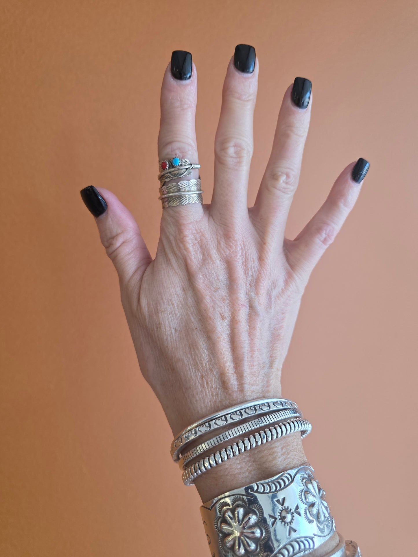 Heavy Gauge Sterling, Coral, and Turquoise Feather Wrap Ring