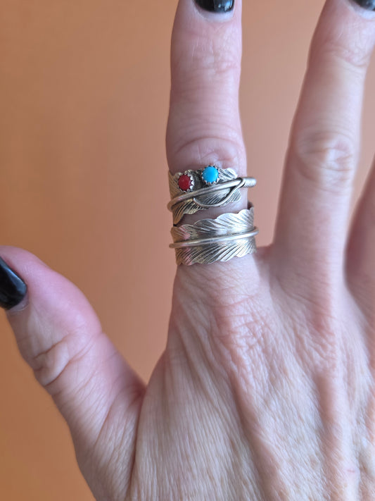 Heavy Gauge Sterling, Coral, and Turquoise Feather Wrap Ring