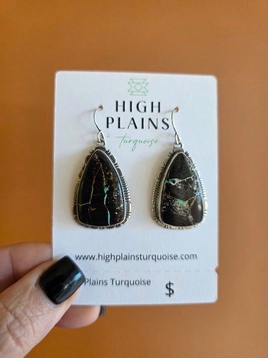 Large Stone Blackjack Turquoise Teardrop Earrings