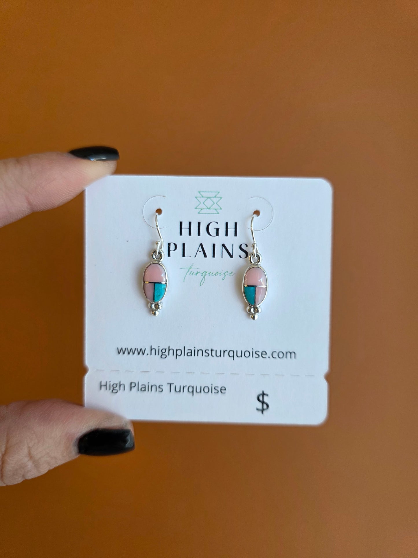 Dainty Pink Conch, Turquoise, and Sterling Silver Triple Dot Earrings