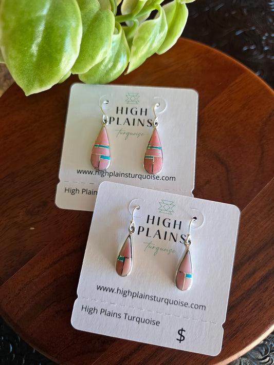 Pink Conch, Turquoise, Sterling Silver Inlay Teardrop Earrings