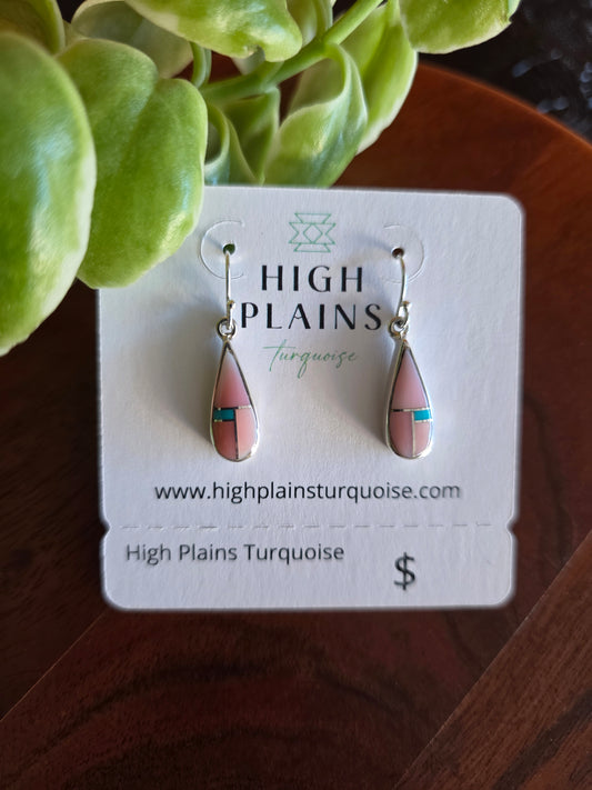 Pink Conch, Turquoise, Sterling Silver Inlay Teardrop Earrings