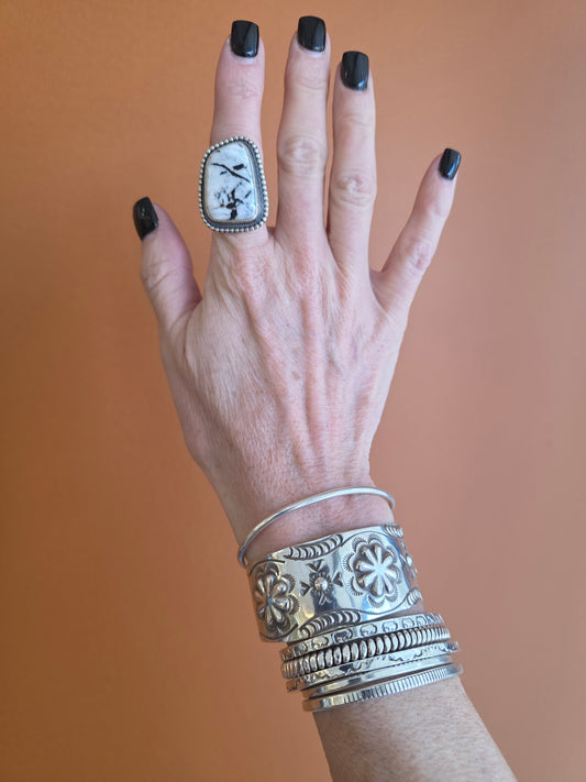 Benally Sterling Beaded Band White Buffalo Ring