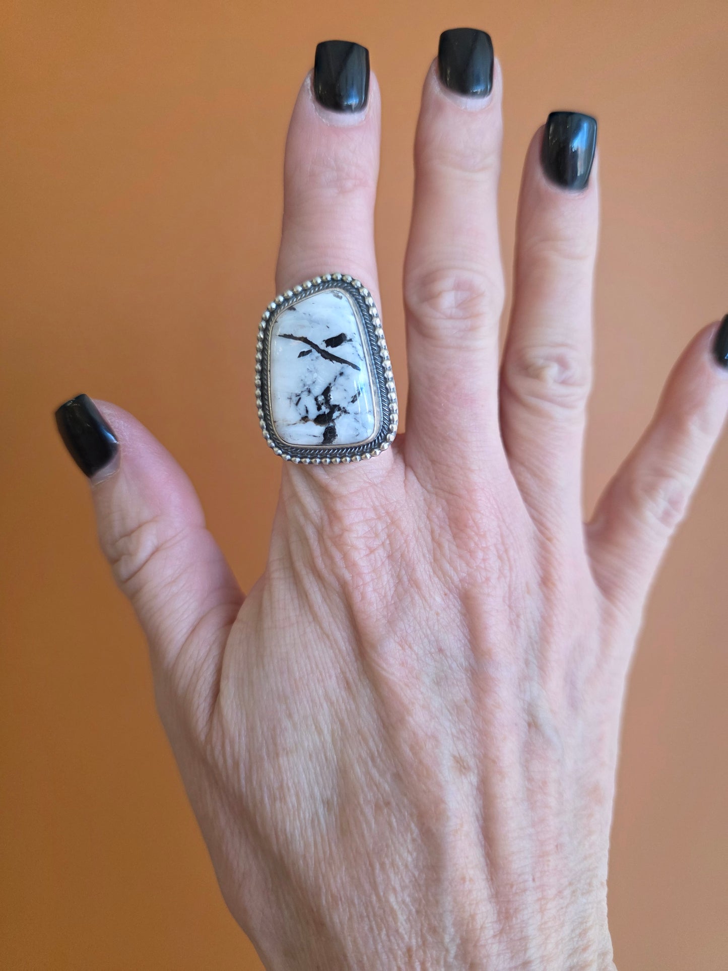 Benally Sterling Beaded Band White Buffalo Ring