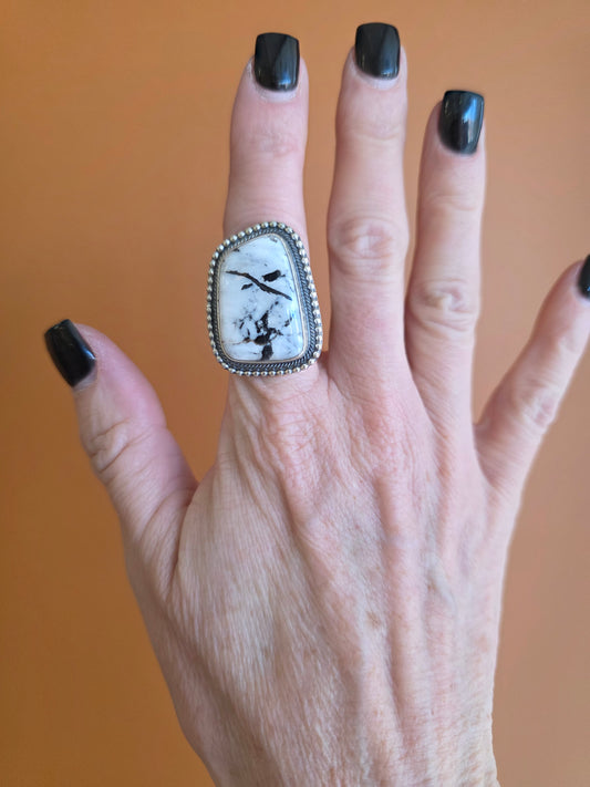 Benally Sterling Beaded Band White Buffalo Ring